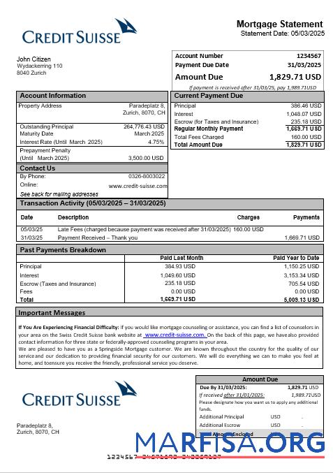 Downloadable Swiss Credit Suisse bank mortgage statement in Word and PDF formats example